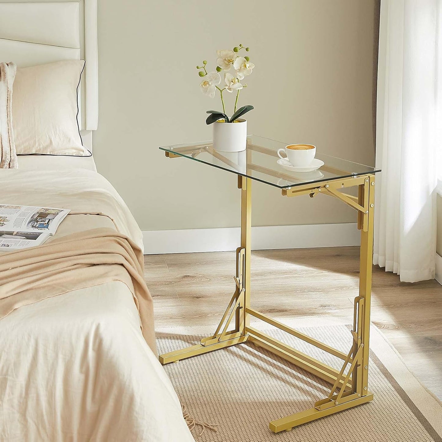 Tatub 24" Folding C Shaped End Table, Small Tempered Glass Side Table for Couch or Bed, Foldable TV Tray Laptop Desk with Gold Metal Frame
