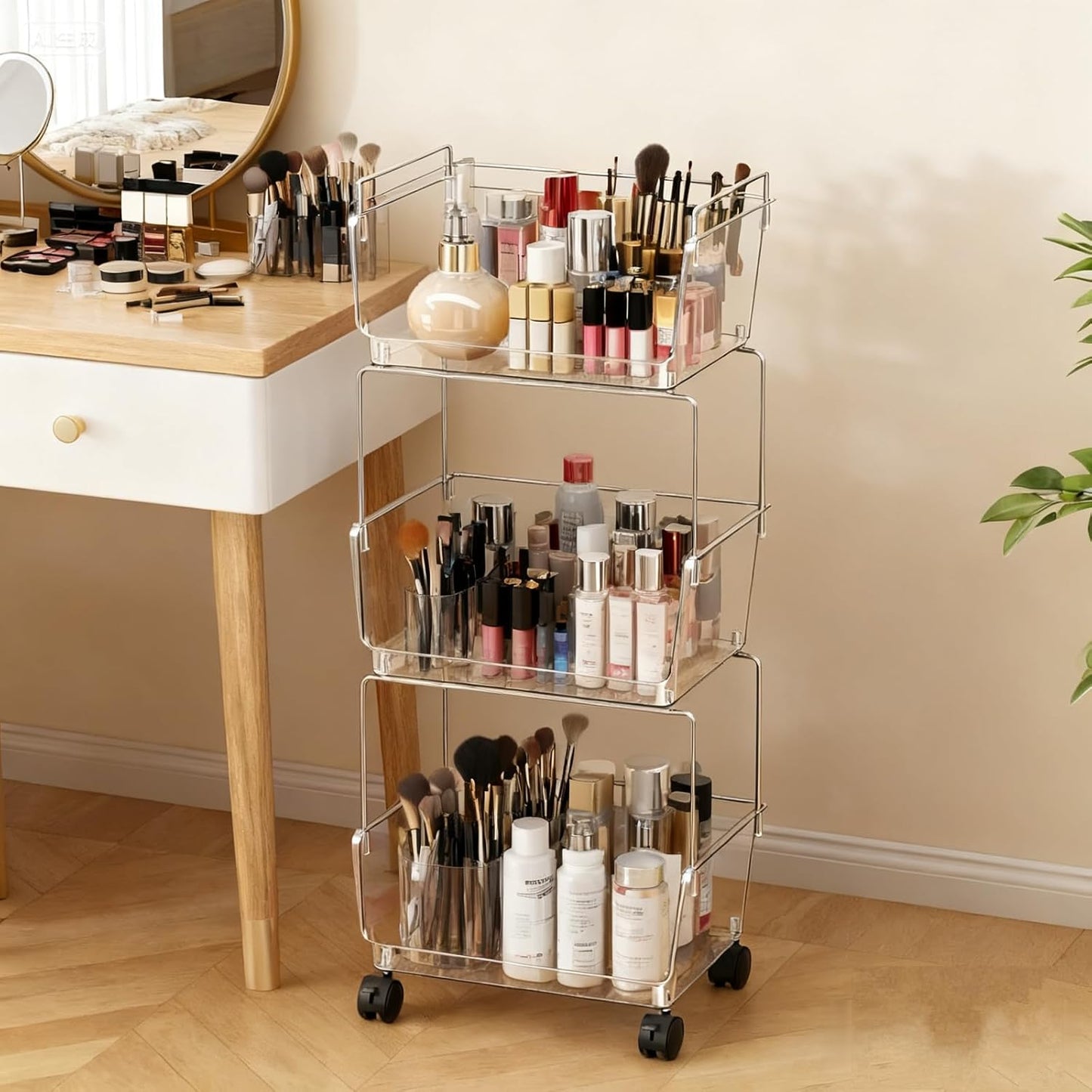 YCIA&DONE 3 Tier Rolling Cart, Storage Shelf Organizer with Lockable Caster Wheels,Transparent Slim Storage Cart for Bathroom, Laundry,Cosmetics