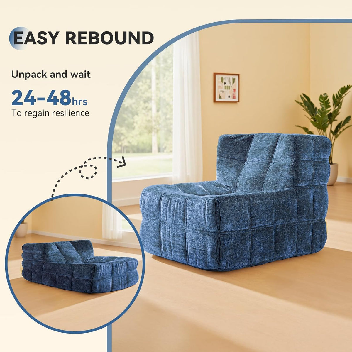 Bean Bag Chair, Soft Chenille Pre-Filled Lazy Chair Floor Sofa Bean Bag Chair for Adults and Teens, Accent Chair for Living Room Bedroom Apartment (Dark Blue)