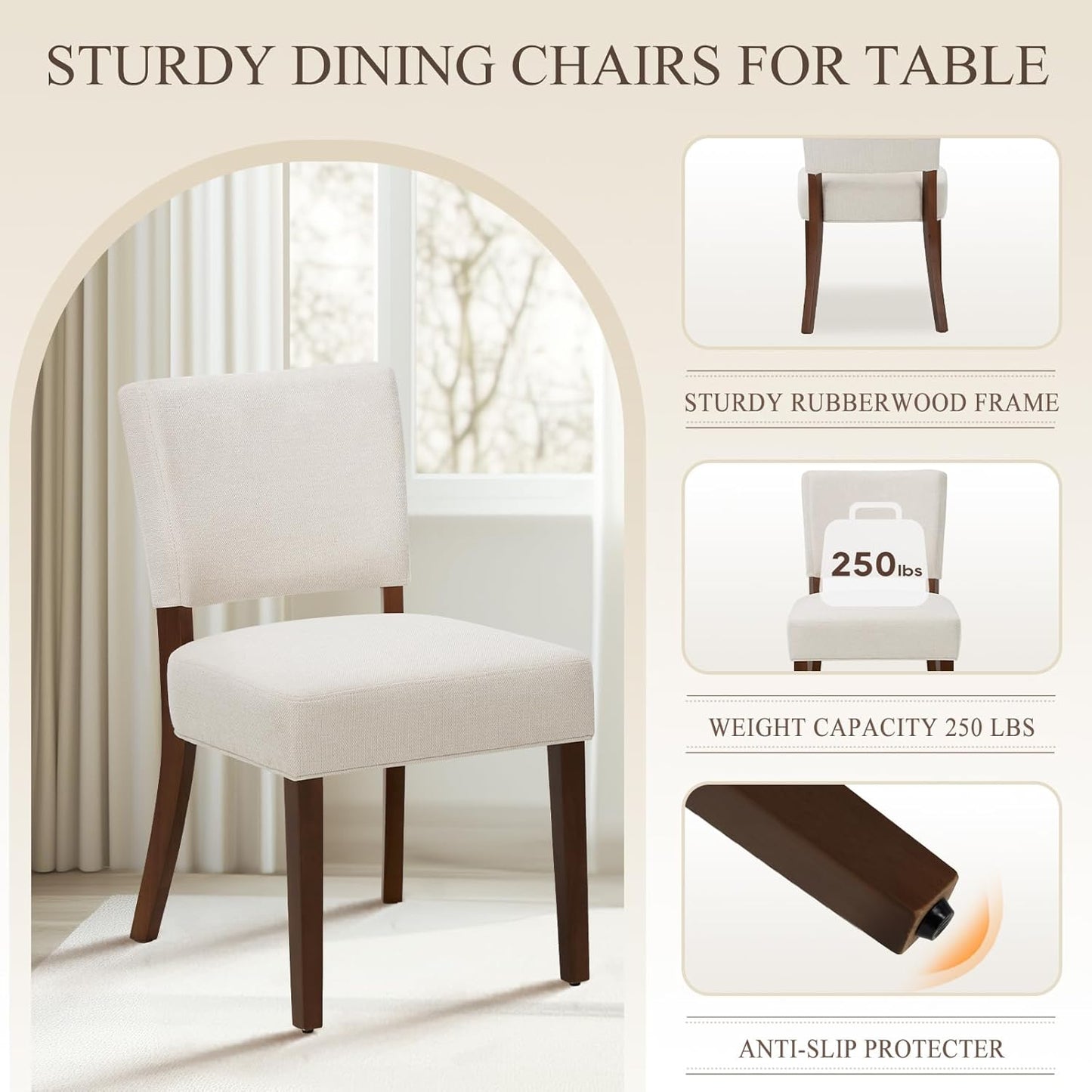 COLAMY Upholstered Dining Chairs Set of 6, Modern Kitchen Chairs with Back, Farmhouse Fabric Side Dining Room Chairs with Wood Legs for Dining Room Kitchen Restaurant, Beige