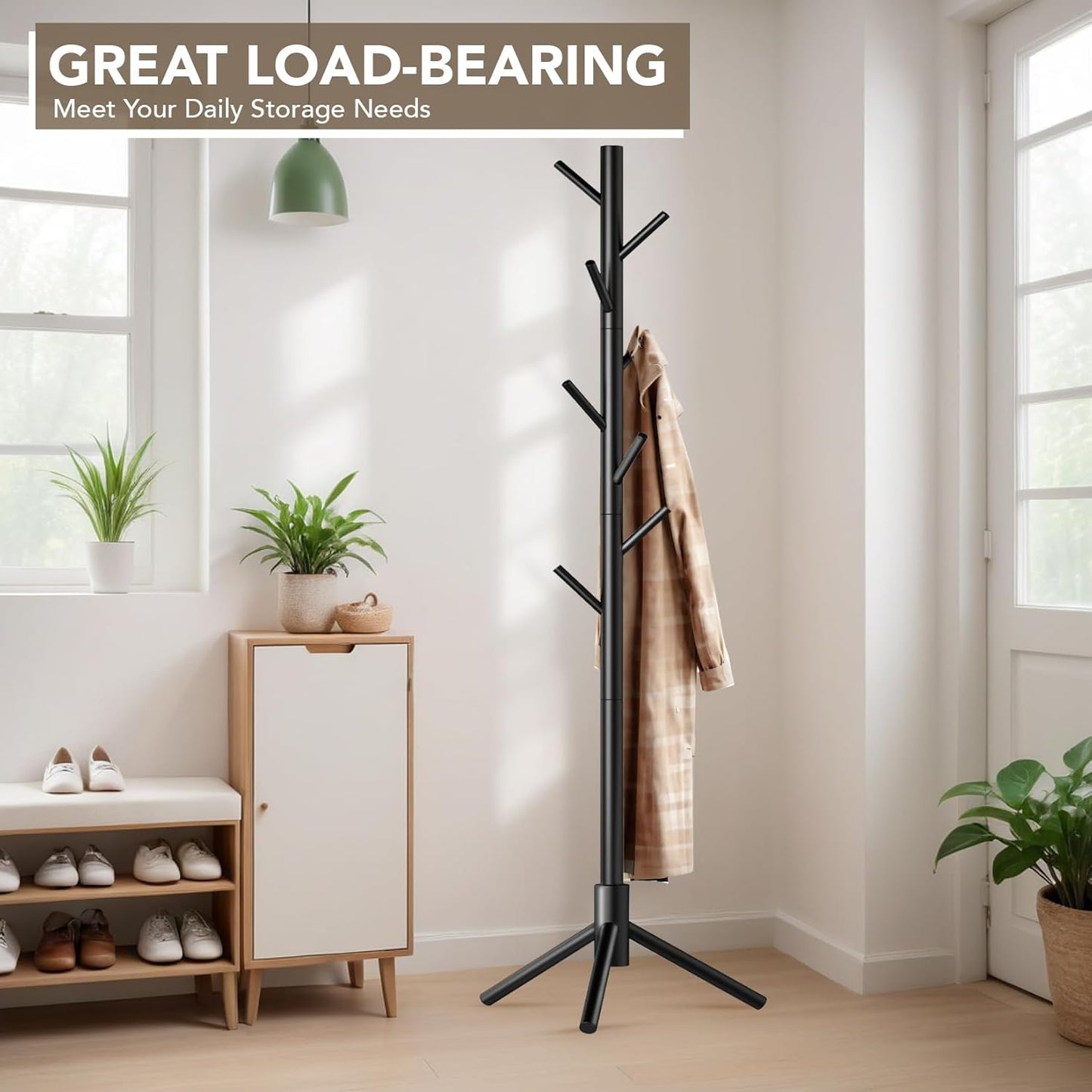 Wooden Tree Coat Rack Stand,Sturdy Freestanding Coat Rack with 8 Hooks,3 Adjustable Height for Child Adult,Wood Coat Stand Tree Fits Entryway Bedroom Office for Bags,Hats, 2 Pack