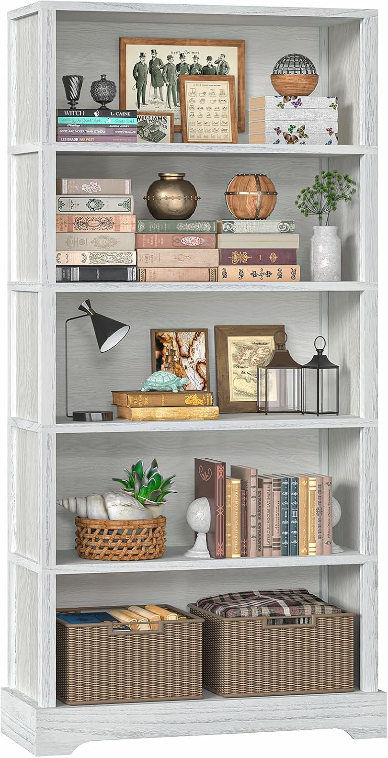 TVU 5-Shelf Wood Bookcase, 65 Inch Tall Bookshelf with Storage, Floor Standing Display Book Shelf，for Living Room Bedroom Study Office，Antique White