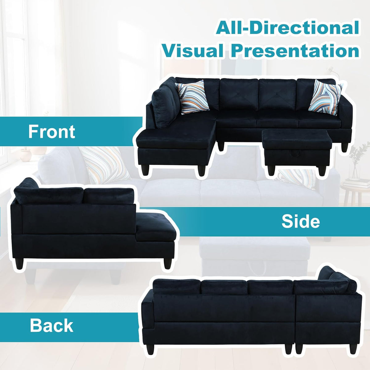 L Shaped Couch Modern Sectional Couch Upholstered Microfiber Fabric 3 Pieces Sofas for Living Room with Chaise, Storage Ottoman for Office and Small Apartment, Midnight Blue