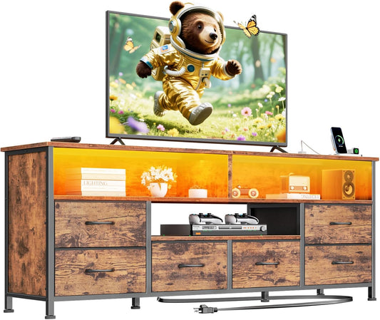 Furologee 55" LED TV Stand for Bedroom with Power Outlets, Entertainment Center with 6 Fabric Drawers for 50/55/60 inch TVs, Dresser TV Stand Long Console Media Table for Living Room, Rustic Brown