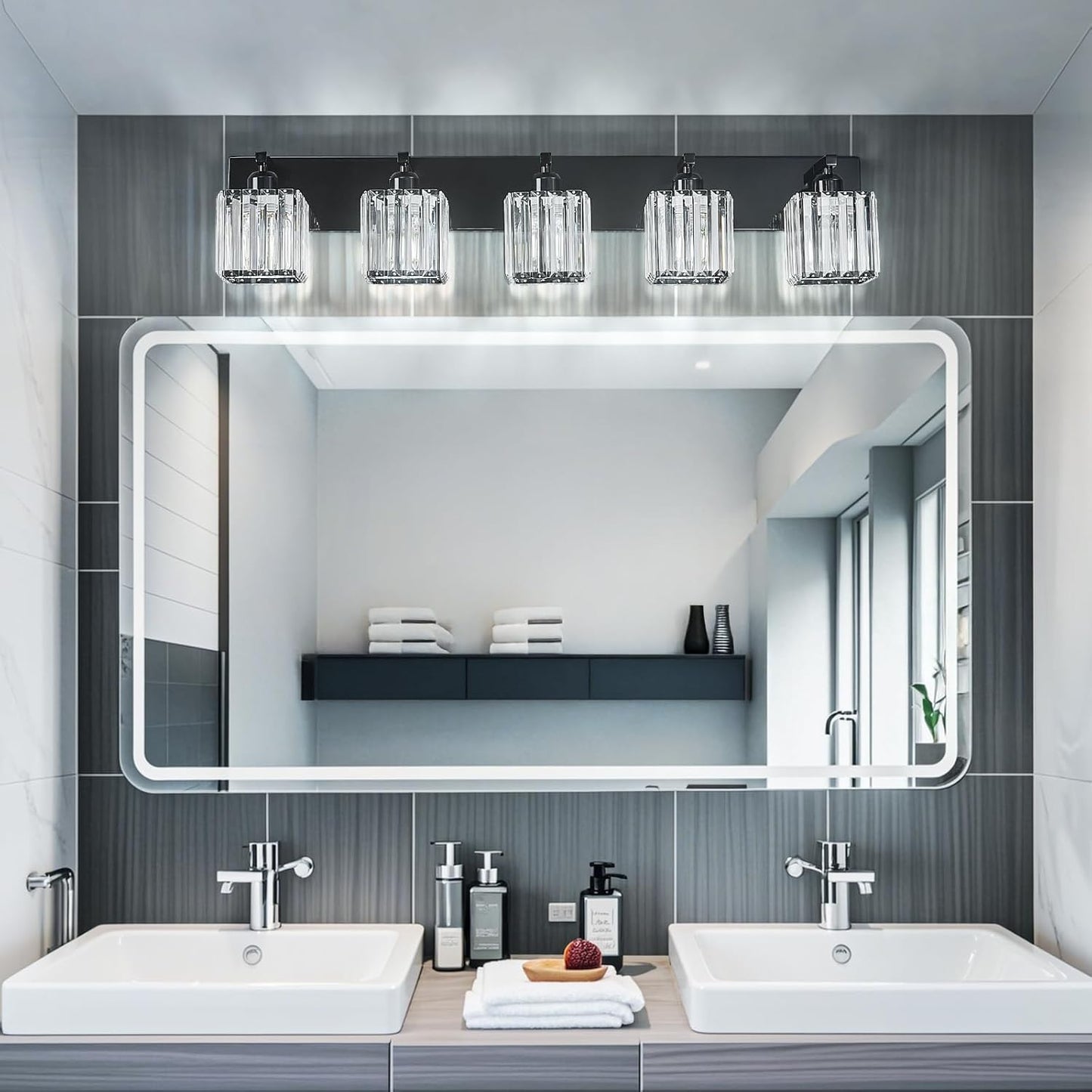 Modern Bathroom Vanity Light 5-Lights Plating Black Crystal Bathroom Wall Light Vanity Light Fixtures
