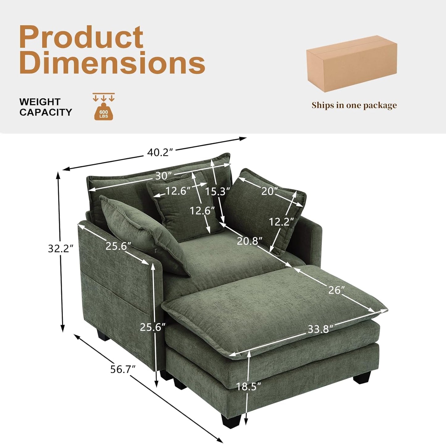 Furniliving Oversized Accent Chair with Ottoman, Luxury Chenille Single Sofa, Upholstered Deep Seat Chaise Lounge with Pillows for Living Room, Bedroom, Apartment, Green