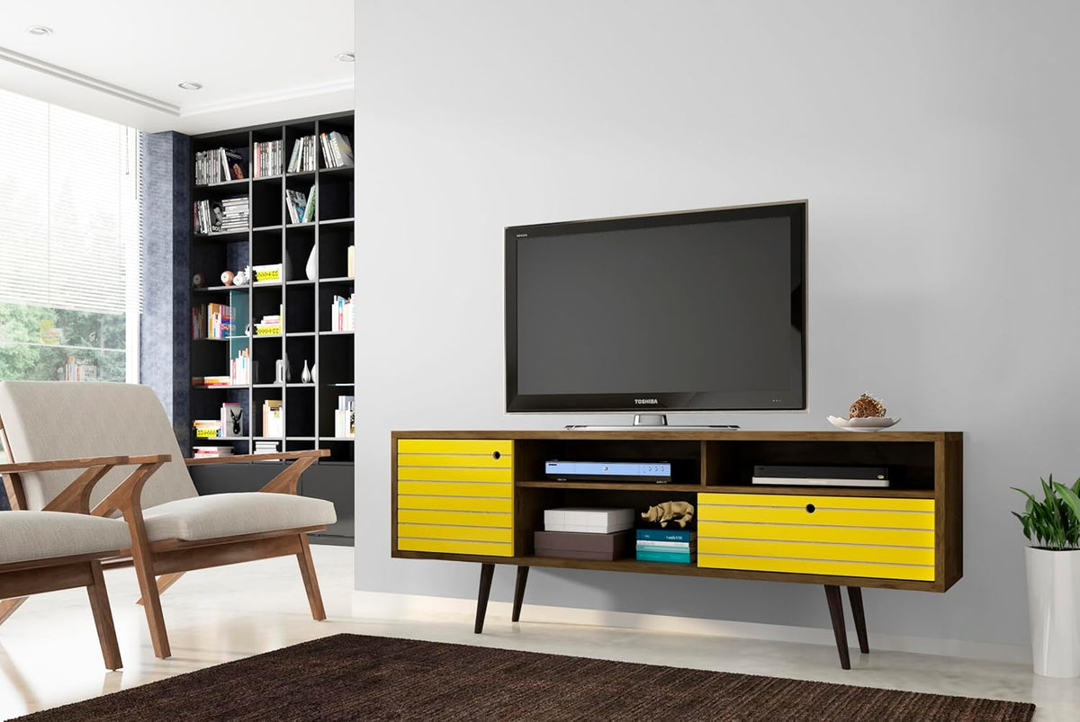 Manhattan Comfort Liberty Mid Century Modern TV Stand for Televisions up to 65 Inches, Bedroom and Living Room Entertainment Center with Storage, Shelves, and Cabinet, 71" Wide, Rustic Brown/Yellow