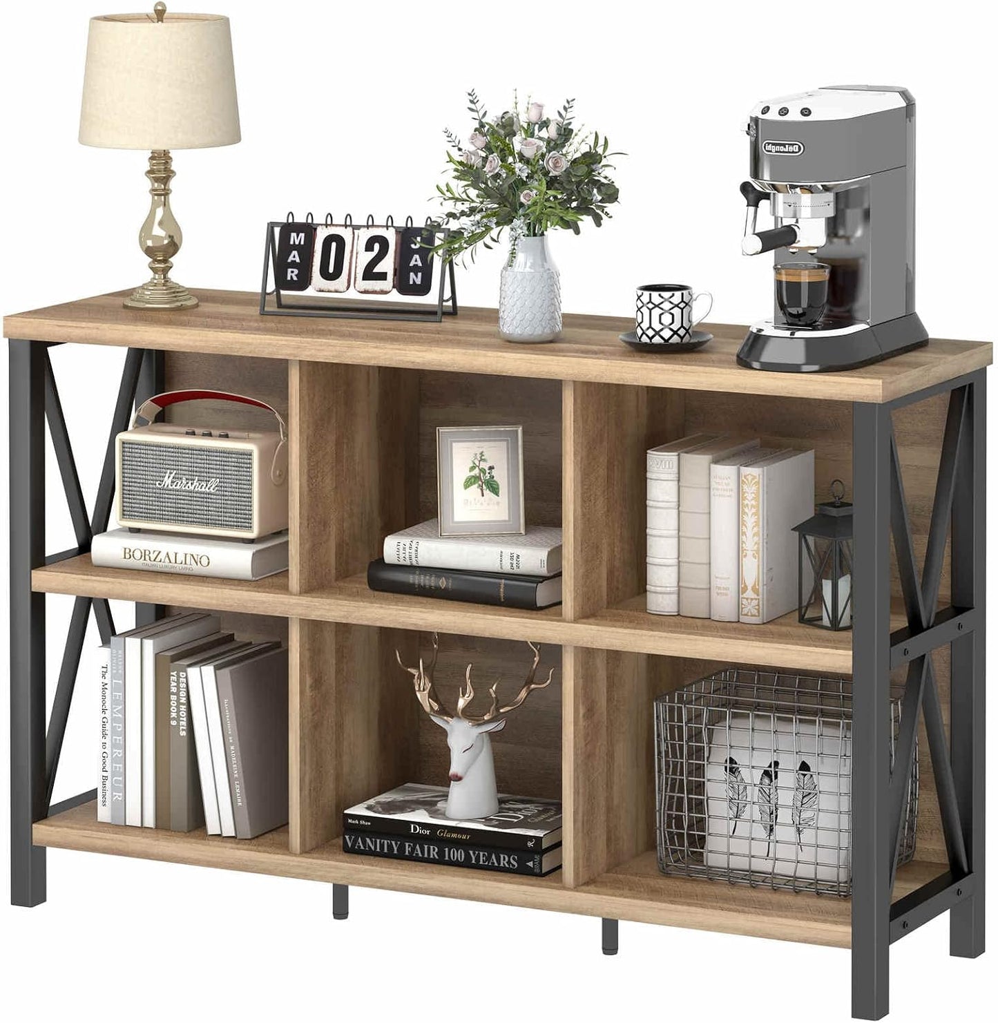FATORRI 6 Cube Storage Organizer with Shelf, Long Wood and Metal Cubby Bookcase, Industrial Horizontal Bookshelf (Rustic Oak, 47 Inch)