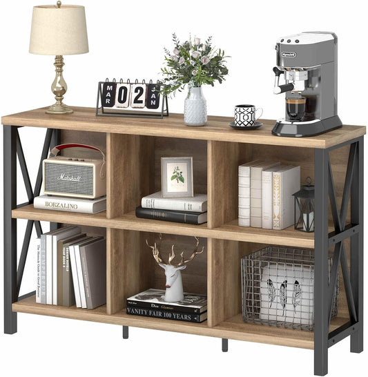 FATORRI 6 Cube Storage Organizer with Shelf, Long Wood and Metal Cubby Bookcase, Industrial Horizontal Bookshelf (Rustic Oak, 47 Inch)