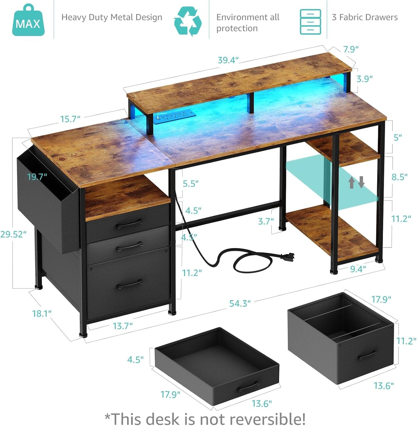 Lufeiya Gaming Desks with Led Lights and Power Outlets, 55 Inch Study Writing Computer Desk with Fabric File Drawers Cabinet for Bedroom, Home Office Desk with Shelves Monitor Stand, Rustic Brown