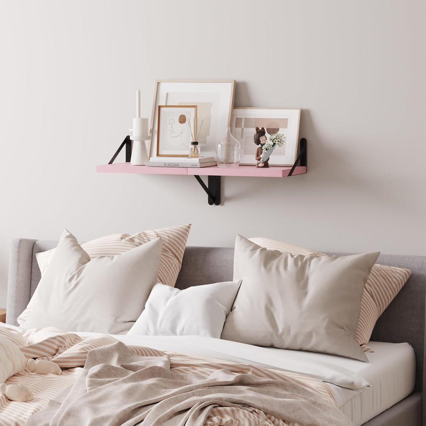 SAUMONIERES Floating Shelves Bookshelf for Bedroom Bathroom Living Room Wood Wall Mounted Wide Deep Storage, Pink Painted Set of 2