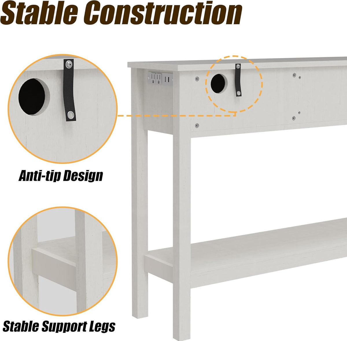 Entryway Table, Boho Console Table with 3 Storage Drawers and Storage Shelf, Sofa Table with Socket, for Entryway, Living Room, Behind Couch and Hallway (White)