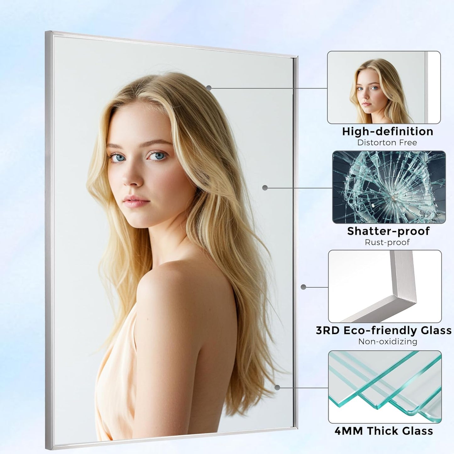 30x40 Inch Nickel Bathroom Mirror for Wall, Aluminum Frame Rectangle Rectangular Vanity Mirror, Modern Large for Bedroom, Living Room, Horizontal or Vertical