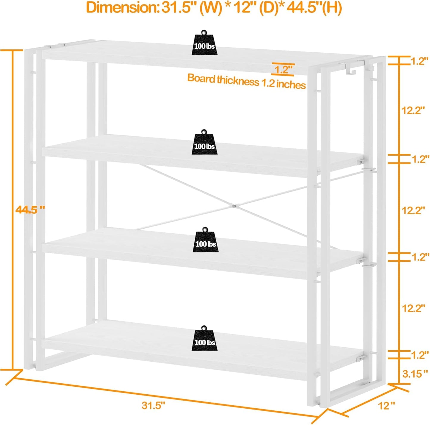HCHQHS Bookshelf, 4-Tier Industrial Bookcase, White Open Book Shelf, Freestanding Tall Bookshelves with Metal Frame