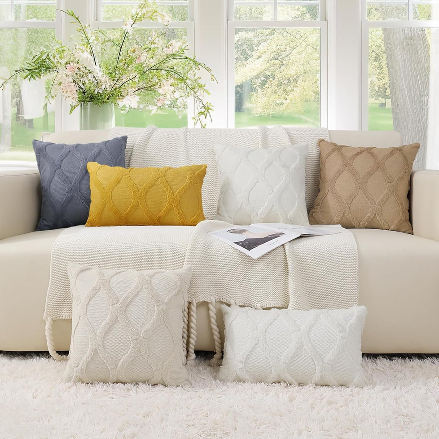decorUhome Christmas Decorative Throw Pillow Covers 20X20 Set of 2, Soft Plush Faux Fur Wool Pillow Covers for Couch Bed Sofa Living Room, Beige