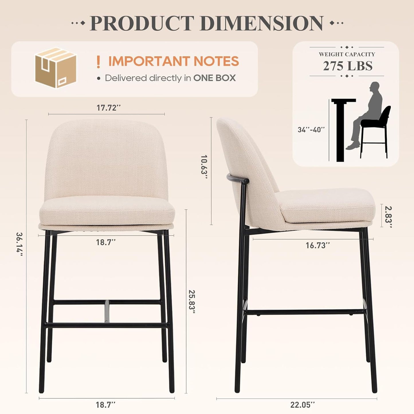 COLAMY Counter Height Bar Stools Set of 2, 25 Inch Modern Fabric Kitchen Island Stools with Back, Upholstered Counter Barstools Armless Bar Chairs with Metal Legs for Island Dining Room Bar, Beige