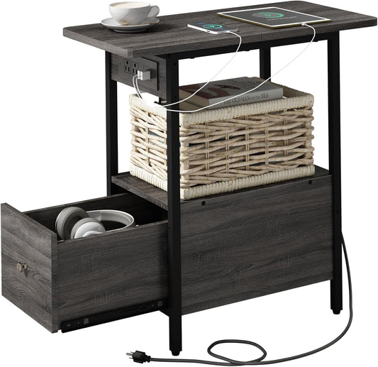LIDYUK End Table with Charging Station, Narrow Side Table with Drawer and USB Ports & Power Outlets, Nightstand Bedside Tables for Small Spaces, Bedroom, Living Room, Dark Grey