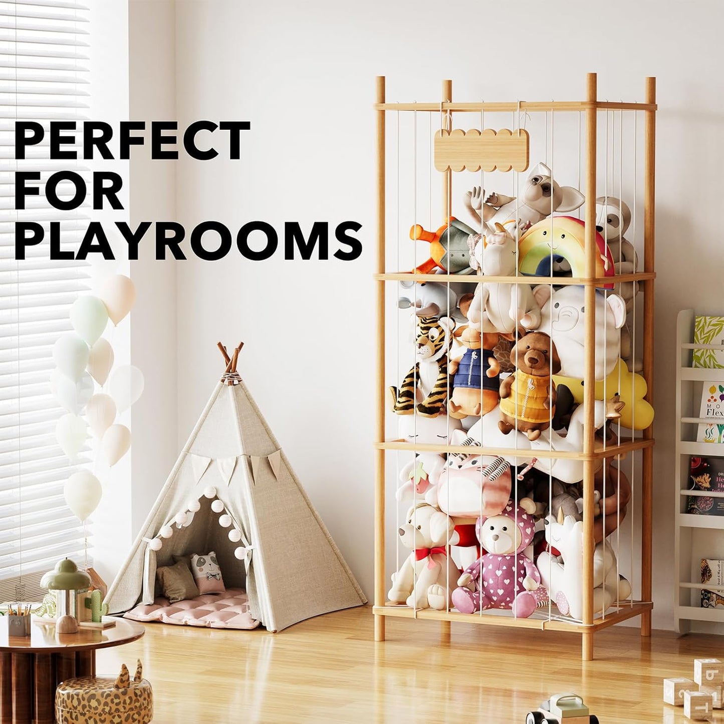 SpaceAid Stuffed Animal Storage Organizer, Wood Animals Zoo Toy Plushies Storage Holder, Large Capacity Plush Toy Cage for Playroom Organization, 22.8" Wide, Natural