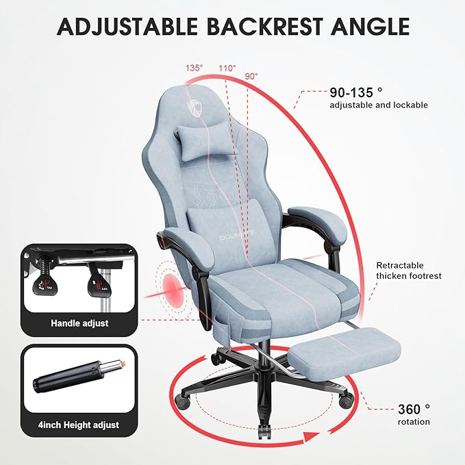 Gaming Chair, Fabric Computer Office Chair with Massage, Ergonomic Chair with Footrest Lumbar Support, Pocket Spring Widened Cushion Metal Legs 350LBS Blue