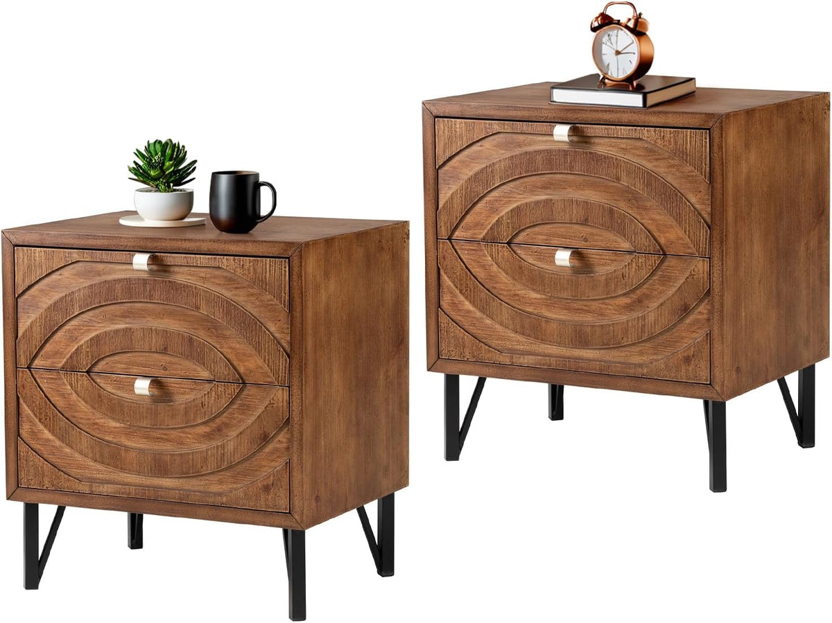 COSIEST Vintage Nightstands Set of 2, Bedside Tables with 2 Storage Drawers, Rustic End Tables for Bedroom and Living Room, Easy to Assemble (Brown, Circle Pattern)