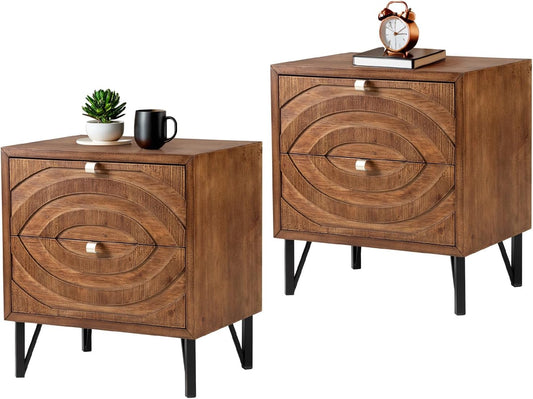 COSIEST Vintage Nightstands Set of 2, Bedside Tables with 2 Storage Drawers, Rustic End Tables for Bedroom and Living Room, Easy to Assemble (Brown, Circle Pattern)