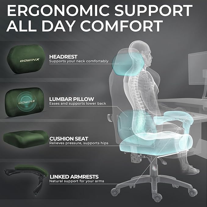 Dowinx Big and Tall Gaming Chair, Suede Fabric Game Chair with Pocket Spring Cushion, High Back Gamer Chair Ergonomic with Footrest for Adults Office, 440LBS, Green