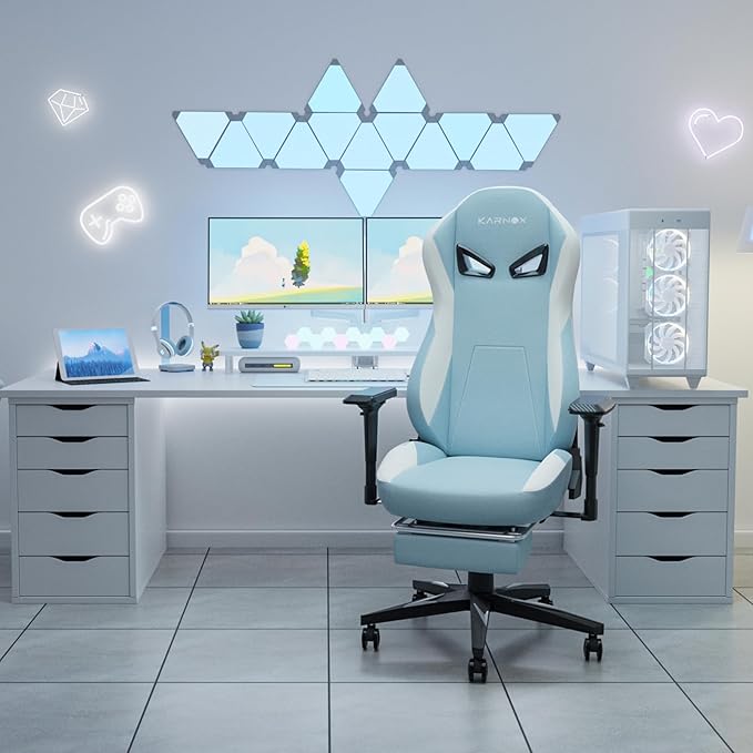 KORNOX Ergonomic Gaming Chair Fabric with Footrest for Adults,Office Chair High Back,Game Chair Racing Cloth Height Adjustable,Game Chair with Headrest and Lumbar Support for Girls,White and Blue