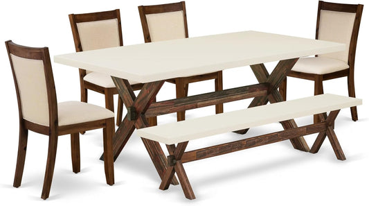 East West Furniture X727MZN32-6 6 Piece Kitchen Table Set Contains a Rectangle Dining Table with X-Legs and 4 Light Beige Linen Fabric Parson Chairs with a Bench, 40x72 Inch, Multi-Color