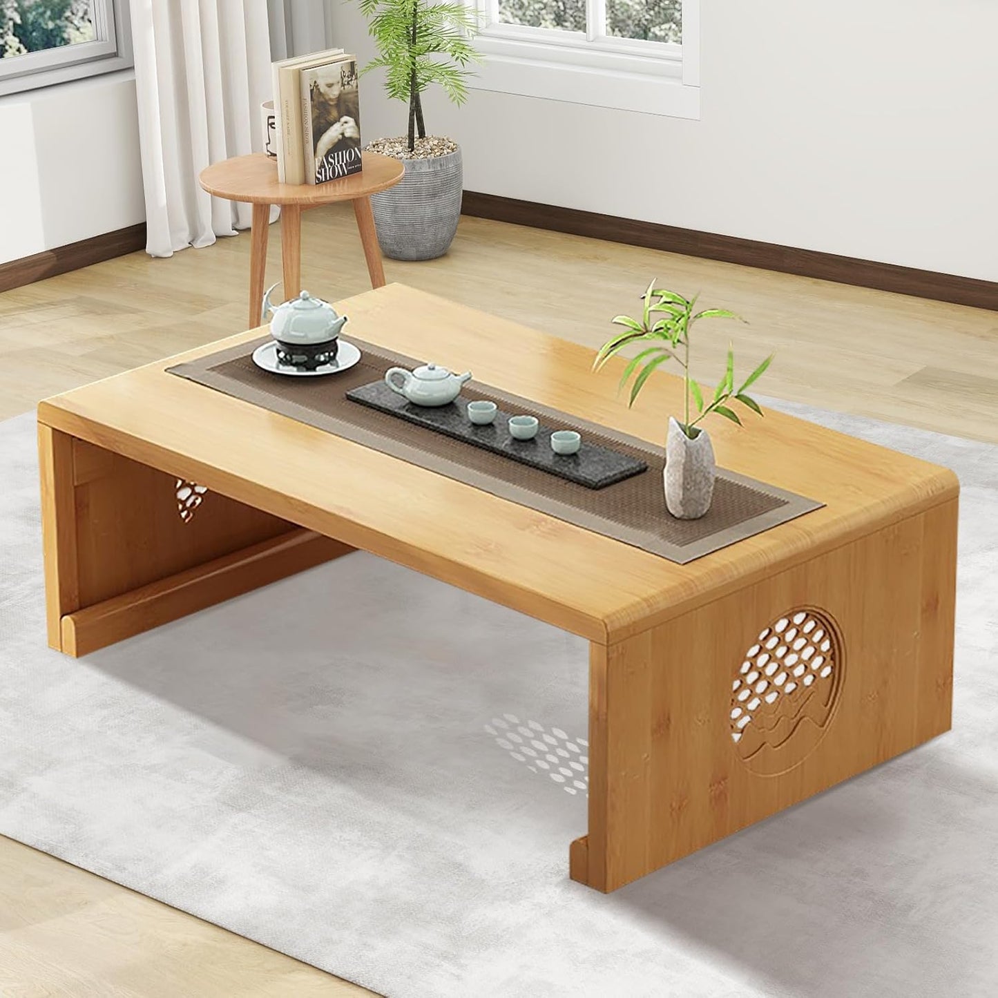Folding Coffee Table Foldable Japanese Floor Table Low Table for Living Room,Dining Room,Tea,Tatami,Home Decoration (Log Color 39.37 * 19.68 * 12.2 INCH)