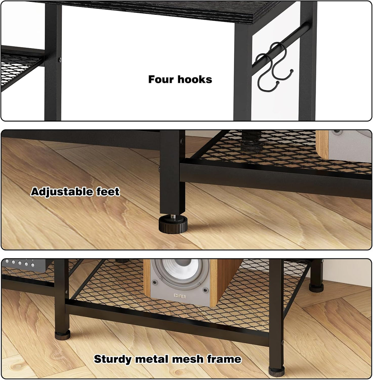 YGEOMER Black TV Stand Entertainment Center for 55 Inch TVs, with Charging Station and Lights Open Storage Shelves, TV Media Console, Open Storage Shelf with Sound Rack for Living Room, Bedroom