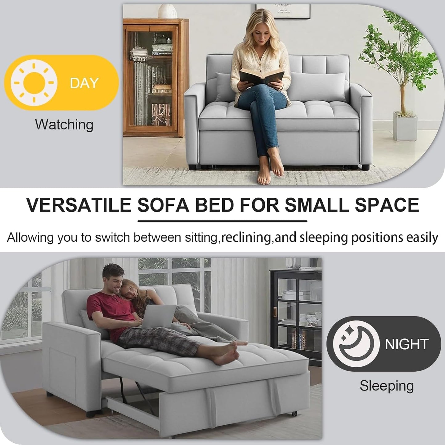 3 in1 Sofa Bed, Pull-Out Sleeper Sofa Bed with 3-Level Adjustable Backrest, Velvet Fabric Convertible Love Seat Sleepers Beds for Living Room & Bedroom & Apartment, Gray