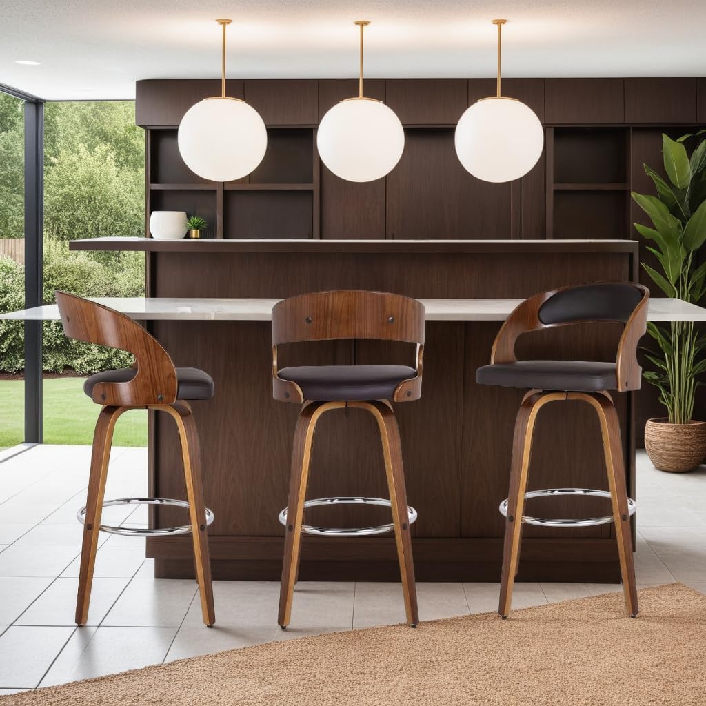 Armen Living Shelly 30" Bar Height Swivel Brown Faux Leather and Walnut Wood Bar Stool - Set of 4