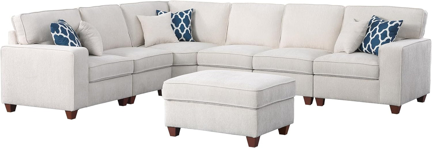 116" Convertible Sectional Couch with Movable Ottoman and 6 Throw Pillows,Chenille Upholstered Comfy Sofa 7 Seater,L-Shaped,Free Combination,Easy Assembly for Living Room,Apartment,Office,Beige