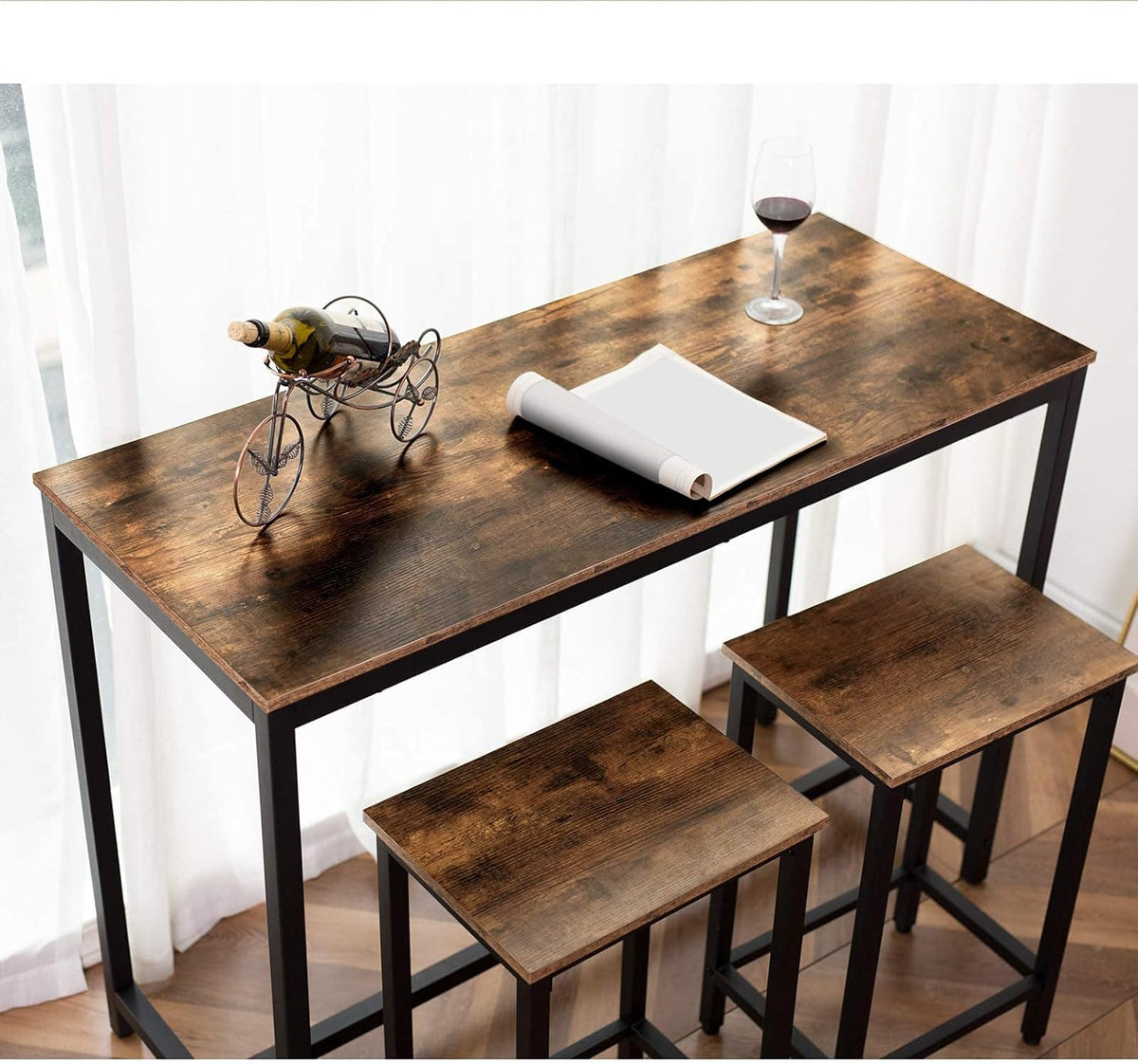 HOOBRO Bar Table and Chairs Set, 47.2” Rectangular Pub Table with 2 Stools for Small Space, High Top Table, 3-Piece Breakfast stools Set, Sturdy Metal Frame, Easy to Assemble, Rustic Brown BF52BT01