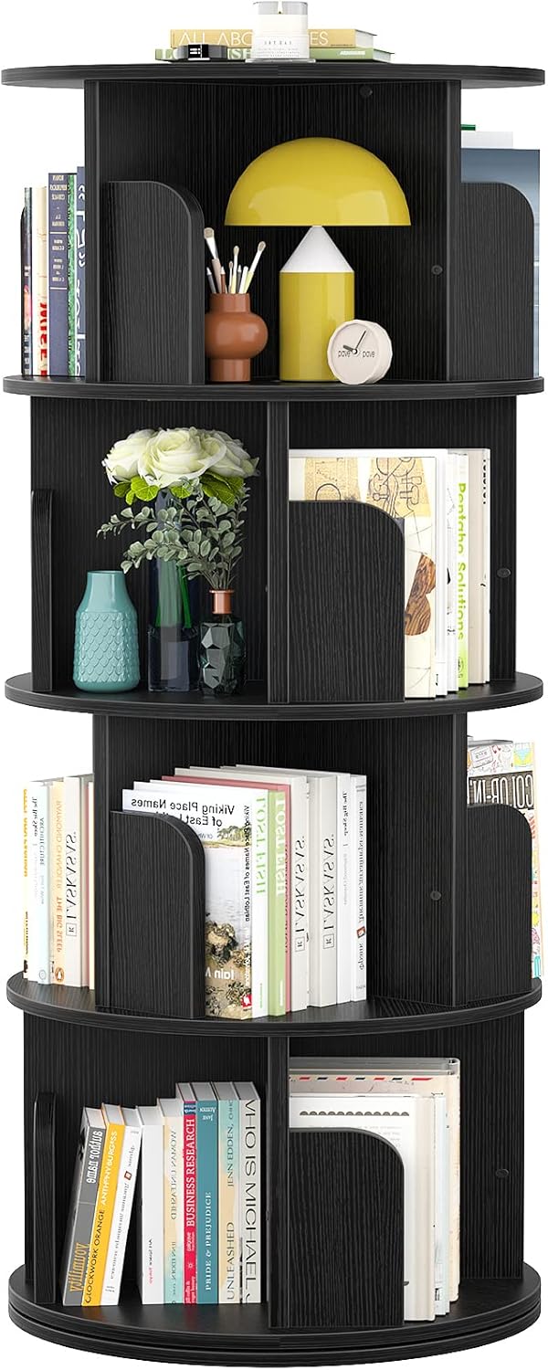 Aheaplus Rotating Bookshelf, 360 Revolving Bookshelf Tower for Small Space, 4 Tier Floor Standing Bookcase Storage Rack, Wood Narrow Book Shelf Organizer for Bedroom, Living Room, Study Room, Black