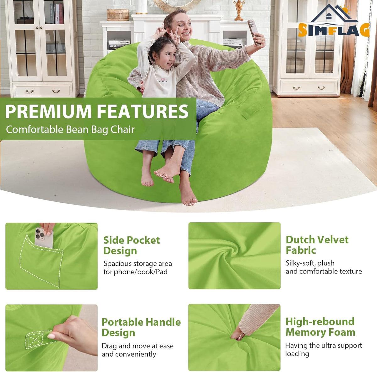 3FT Bean Bag Chair, Comfy Bean Bag Chairs with Memory Foam Filled, Fluffy Beanbag Sofa with Dutch Velvet Cover, Round BeanBag Chairs for Living Room, Playroom - Lime