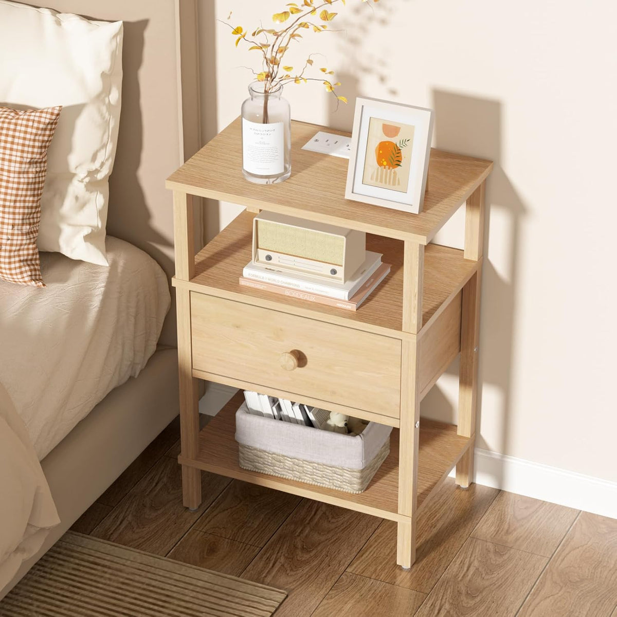 Lerliuo Nightstand with Charging Station and USB Ports, 3-Tier Storage End Table with Drawer Shelf, Night Stand for Small Spaces, Wood Bedside Table for Living Room, Bedroom - Natural Wood