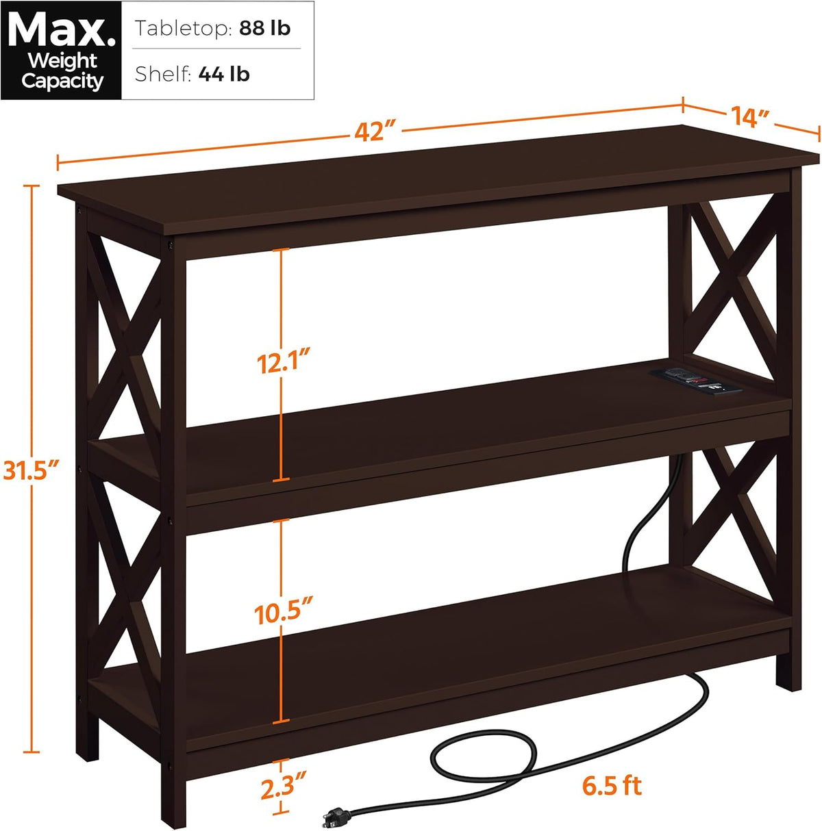 Yaheetech Console Table with Power Outlet, 3 Tier Narrow Sofa Couch Table with Storage Shelves, Wood Entryway Table Side Table for Living Room, Hallway, Entrance, Bedroom, Espresso