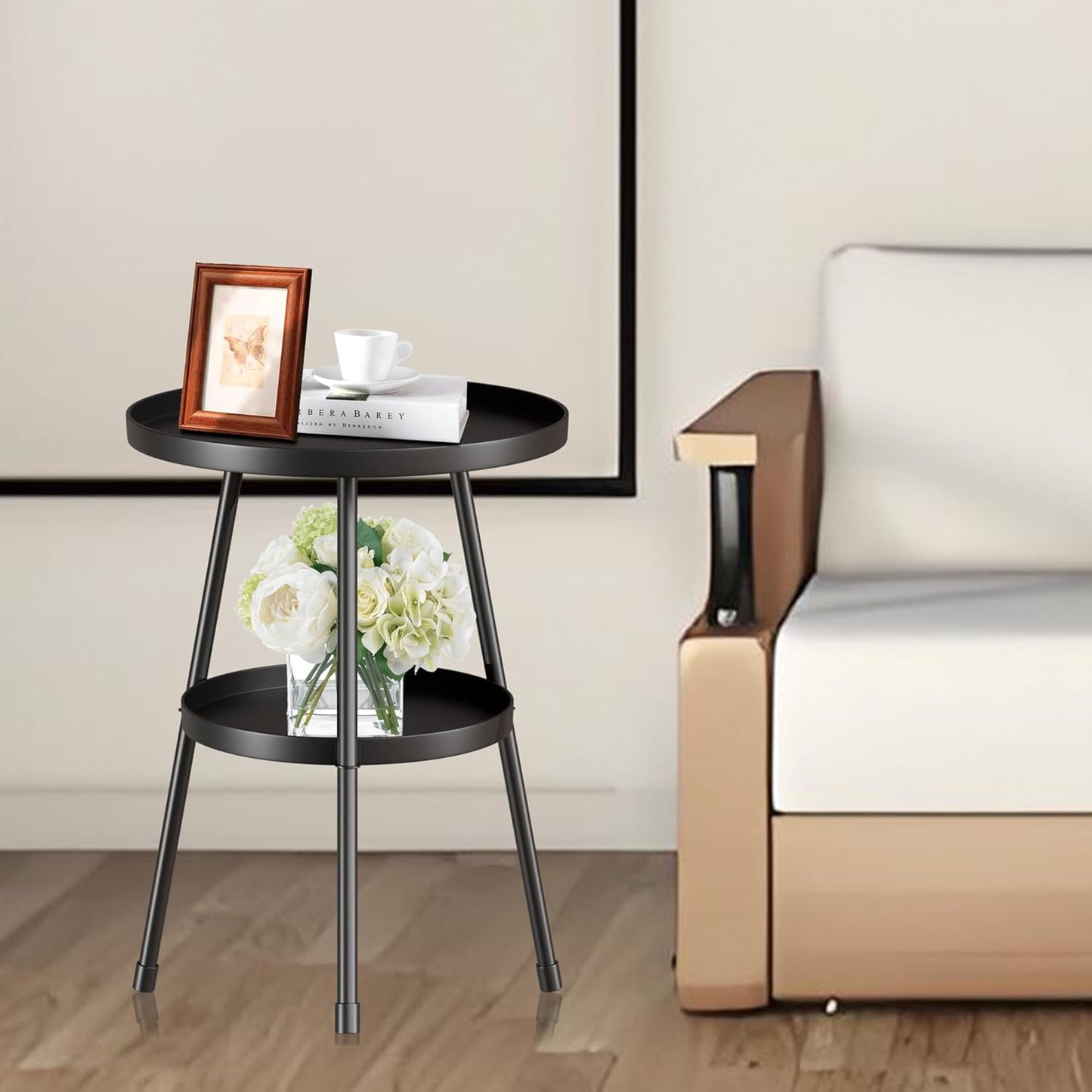 Small Side Table Round 2 Tier End Table Metal Round Coffee Tables Nightstand for Small Spaces Indoor Outdoor and Living Room Bedroom or Office