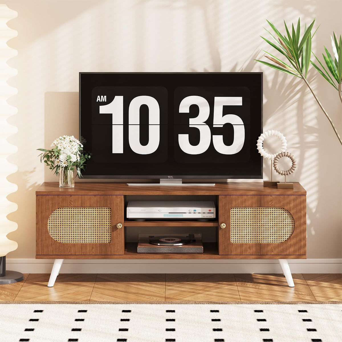 55" Rattan TV Stand for 65 Inch TV Solid Wood TV Console Entertainment Center with 2 Cabinets for Living Room Bedroom, Retro Brown