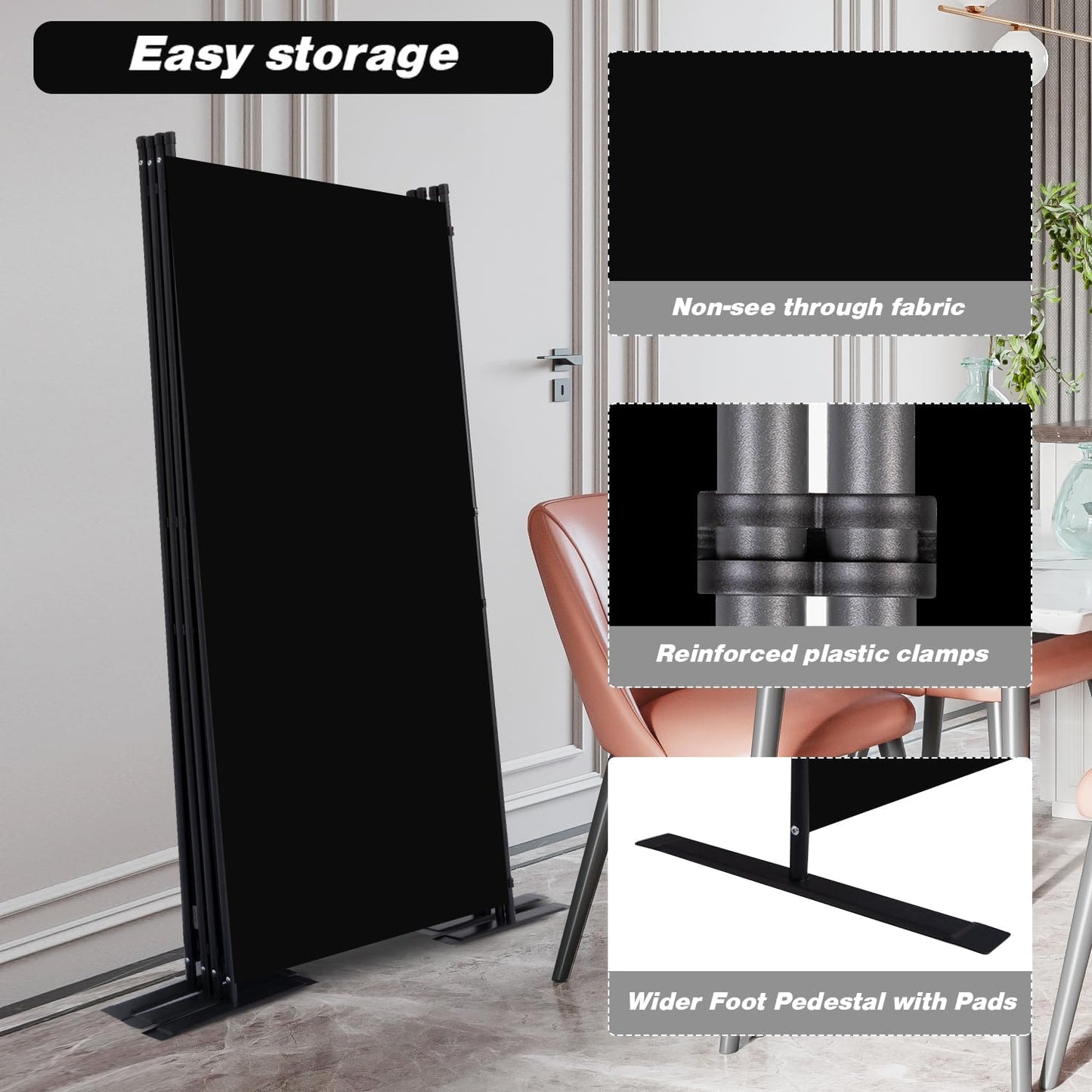 Room Divider, 4 Panel Folding Privacy Screens with Wider Support Feet, 6 Ft Portable Room Partition for Room Separator, 136" W X 71" H, Black