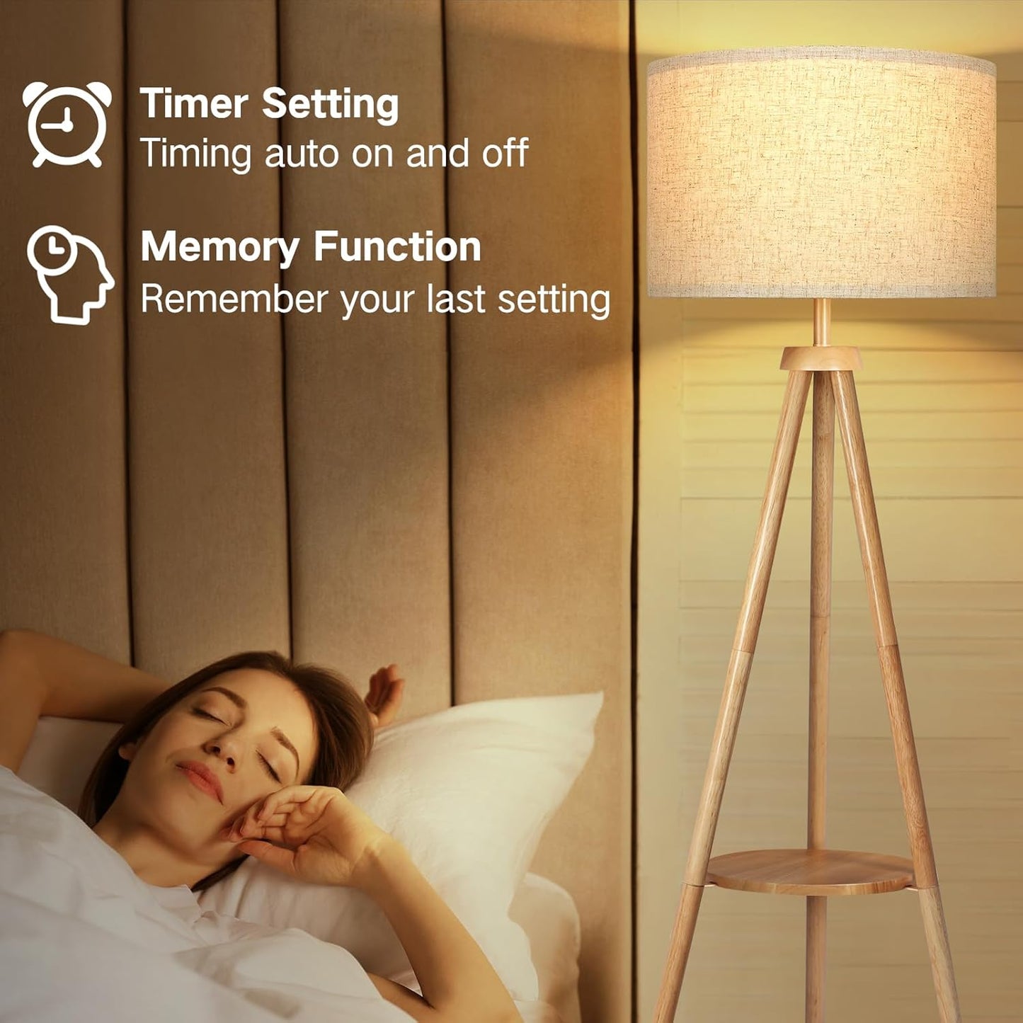 OUTON Tripod Floor Lamp with Shelves, Mid Century Dimmable Wood Floor Lamp with Remote Control, 4 Color Temperatures, Standing Tall Lamp with Linen Shade for Living Room, Bedroom, Office, Oak Hardwood