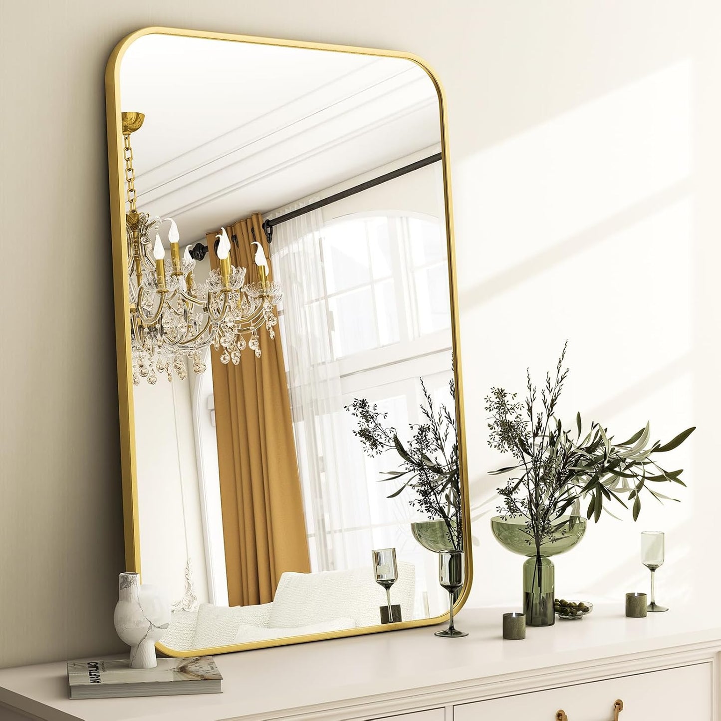 24 x 36 Inch Bathroom Mirror, Rounded Rectangular Vanity Mirror for Wall, Modern Mirror for Room Decor, Gold Framed Wall-Mounted Mirrors for Home Decor, Hangs Horizontally or Vertically