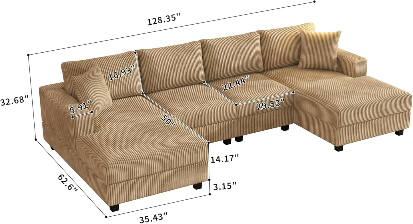 Oversized Symmetrical U Shaped Modular Sectional Sofa with Double Chaise Lounge , Reversible Corduroy Upholstered Sofa Extra Wide Deep Seat Sleeper Sofas Couches w/ 2 Pillows for Living Room Apartment