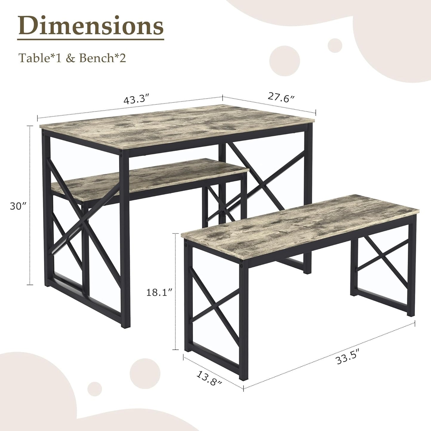 VECELO Kitchen Dining Table Set for 4, 43.3" Wood Rectangle Dinette with 2 Benches, Heavy-Duty Metal Frame for Small Space, Breakfast Nook, Grey