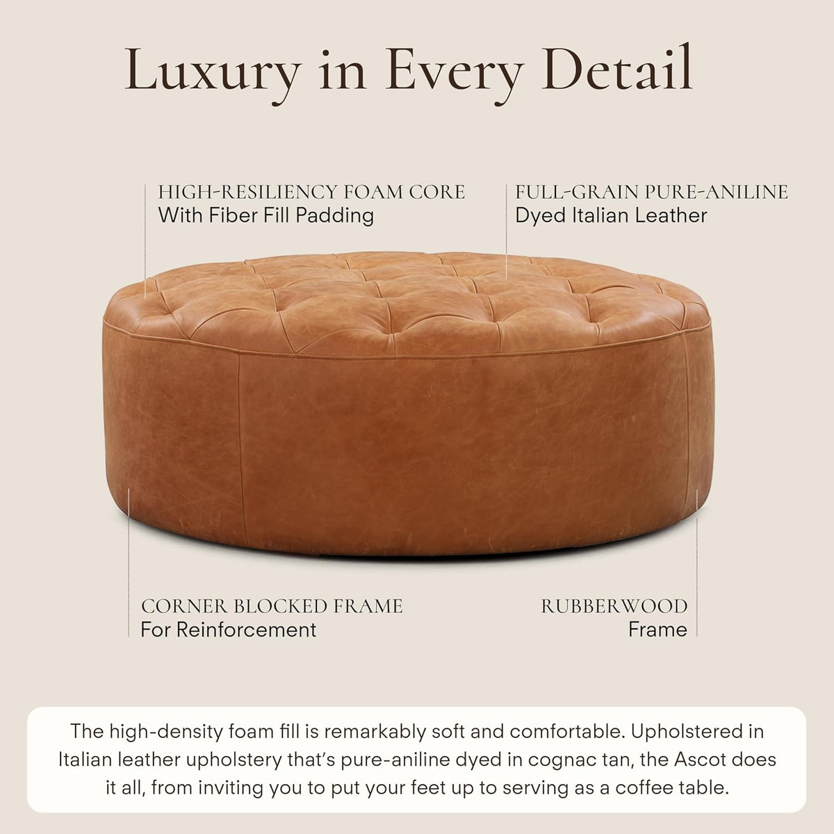 Poly & Bark Ascot Ottoman – 40" Round Pouf with Feather-Down Topper – Full-Grain Leather Upholstered Pouf Ottoman for Living Room – Vintage Italian Leather in Cognac Tan