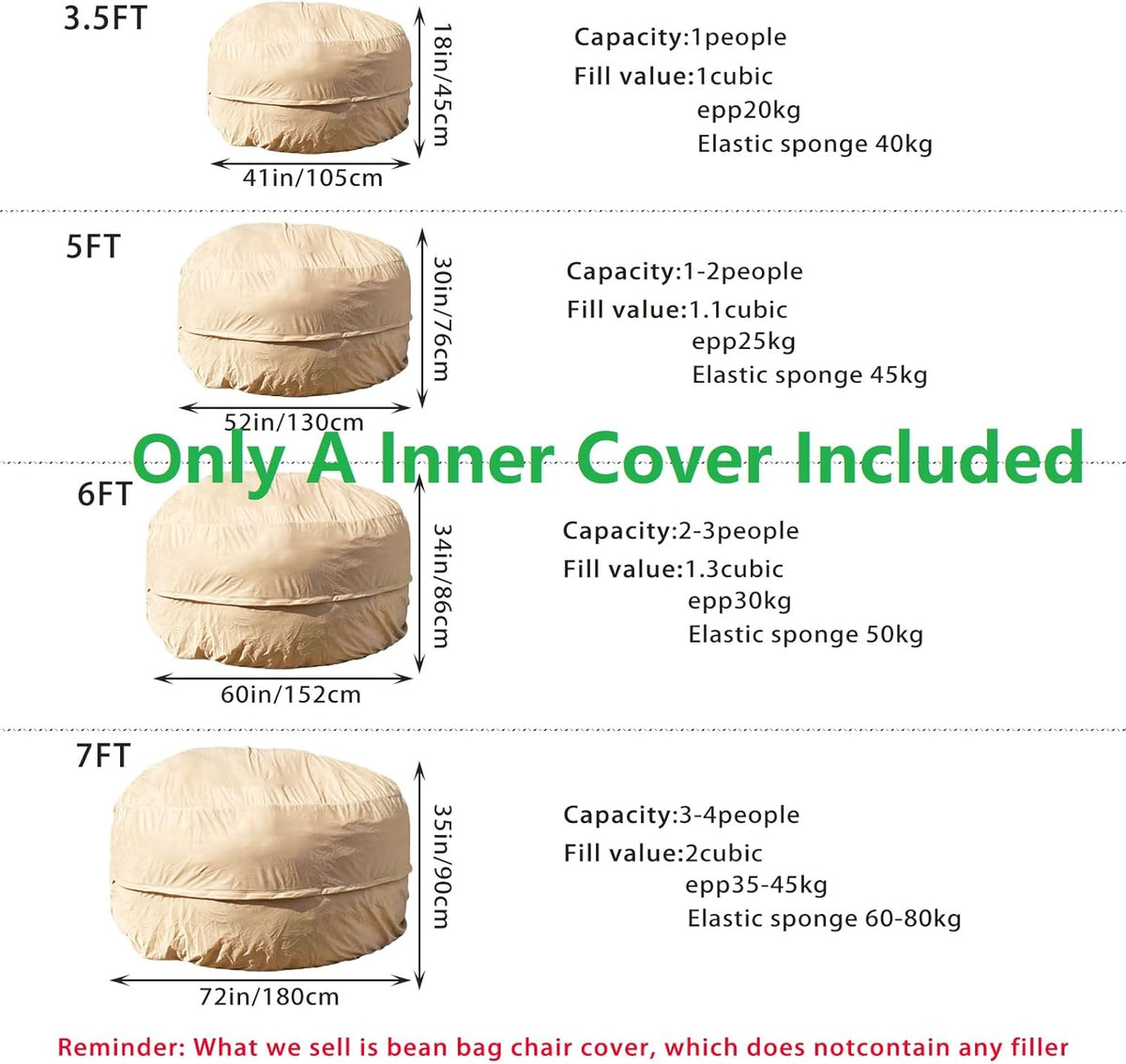 Reusable Beanbag Chair Inner Lining Cover for Pack Bean Filler EPP EPS Shredded Memory Foam and Wash Needs, 5FT