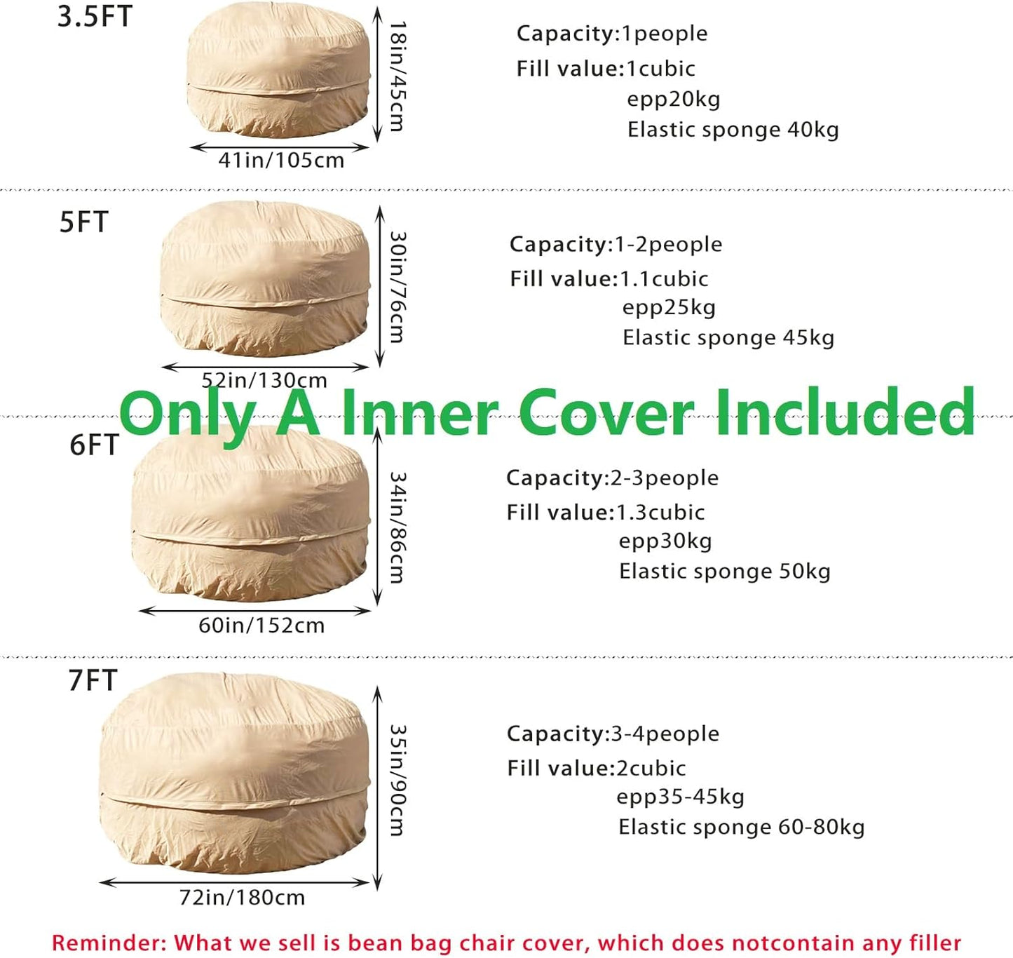 Reusable Beanbag Chair Inner Lining Cover for Pack Bean Filler EPP EPS Shredded Memory Foam and Wash Needs, 7FT