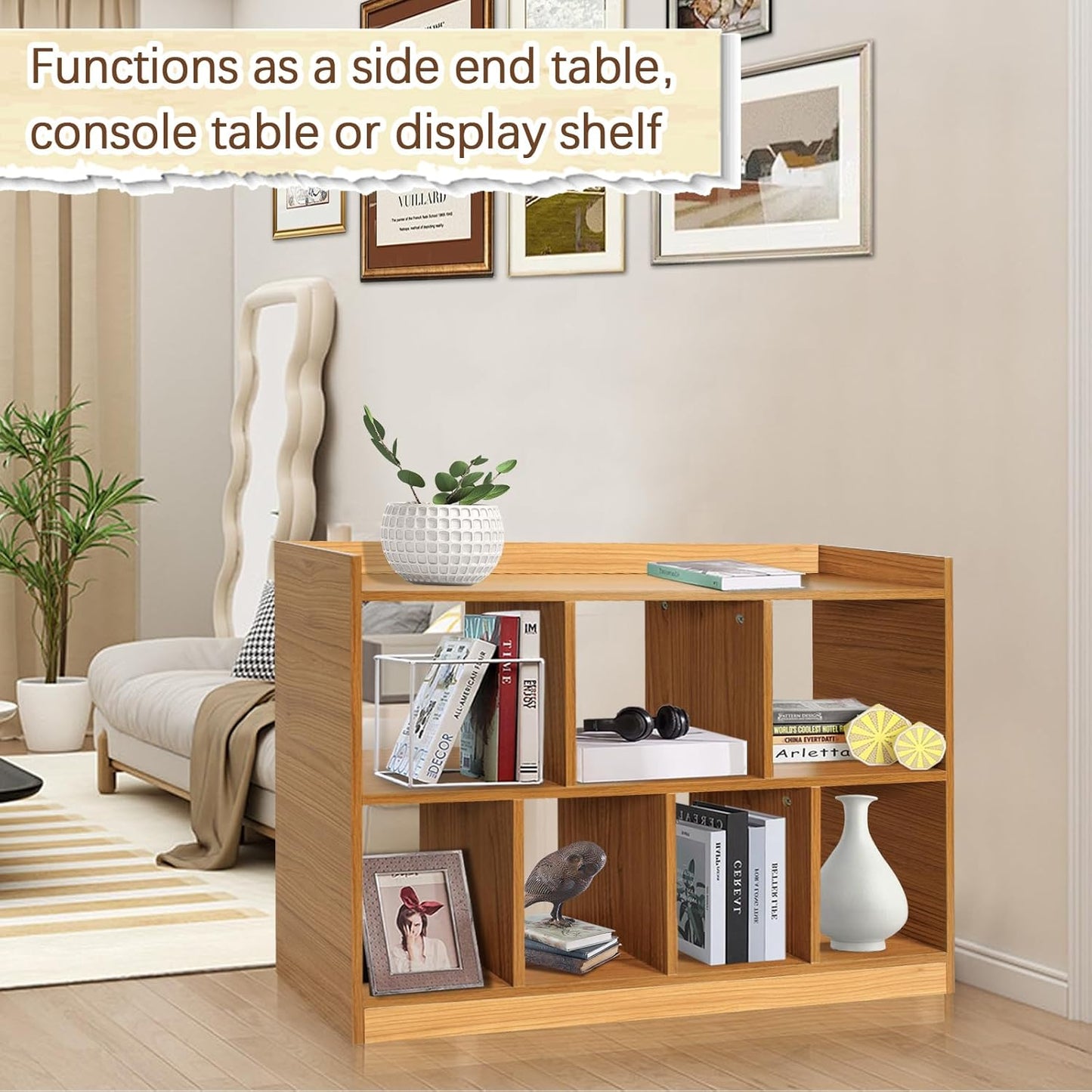 DOUSY- 7 Cube Bookshelf, Open Wooden Bookcase with Base, 2 Tier Cube Shelf Storage Organizer Shelf Display Rack Freestanding Horizontal Bookshelves for Bedroom, Living Room, Home Office