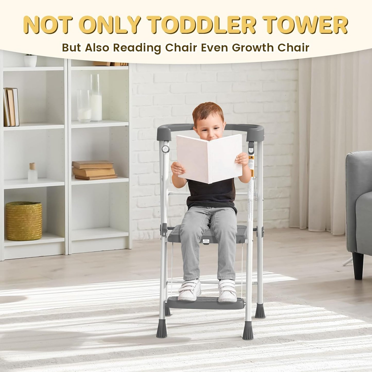 HBTower Kids 2 Steps Step Stool, Toddler Tower for Kitchen Counter Learning, Toddler Kitchen Stool Helper with Anti-Drop Safty Railing Kids Standing Folding Stepper